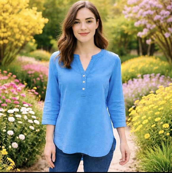 J. Jill XS Petite Blue Gauze Cotton Henley Tunic 3/4 Sleeve Hi/Low Hem Blouse - Picture 3 of 7